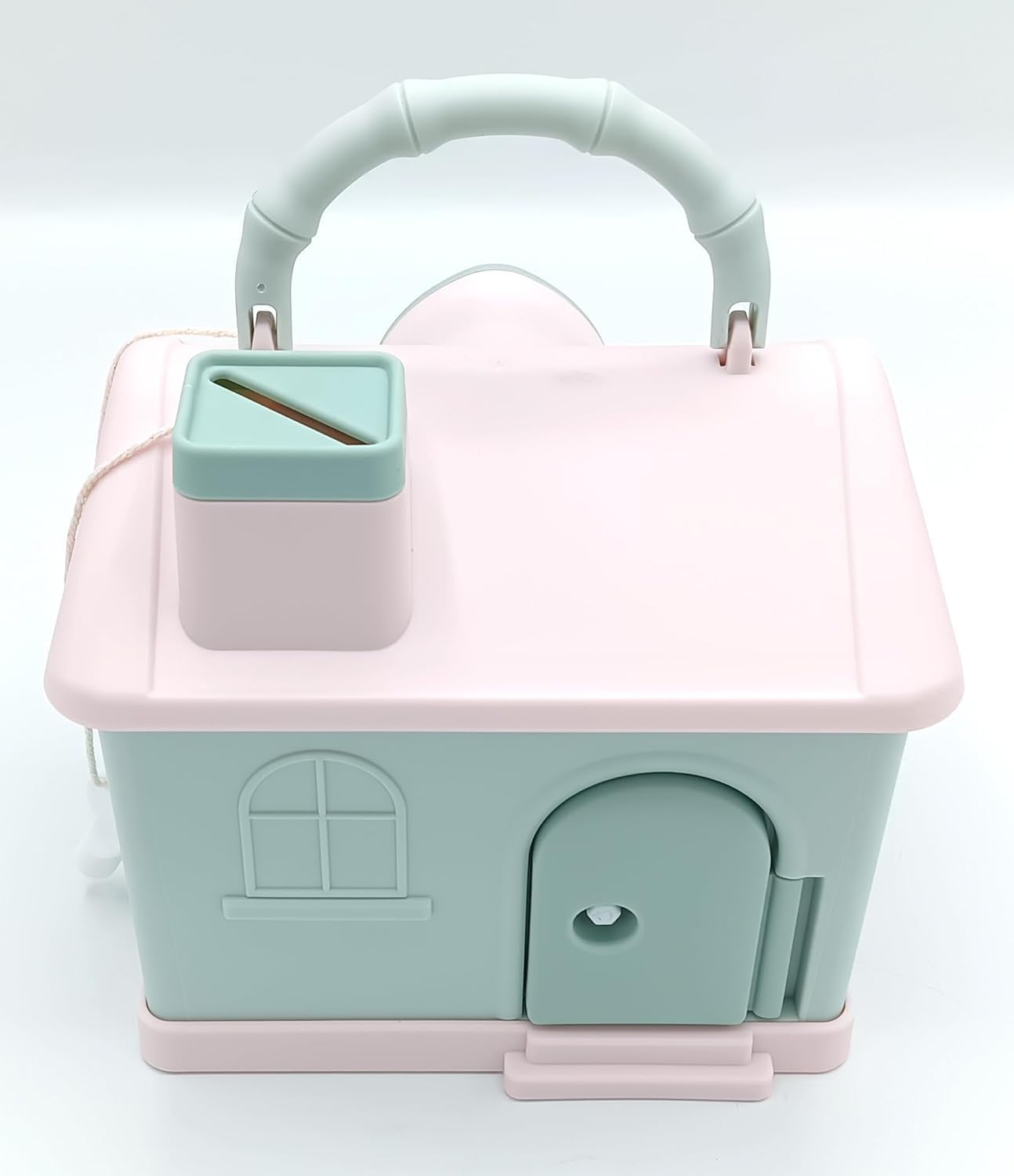 Kids' house money bank with lock, key, and 3D sticker compatibility, in pastel pink and blue.www.usmile.toys